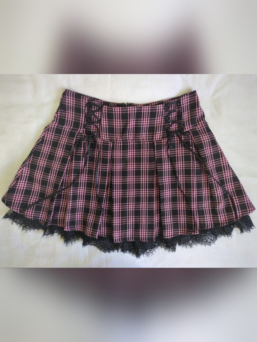 Vintage Y2K Small Plaid Pink Black Mini Skirt Lace Up Full Flare